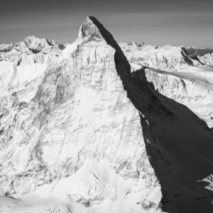 Matterhorn east face - black and white photo ofThe Matterhorn and sunny mountain - Swiss mountain ridge of the Hornli