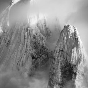 black and white image of les drus chamonix