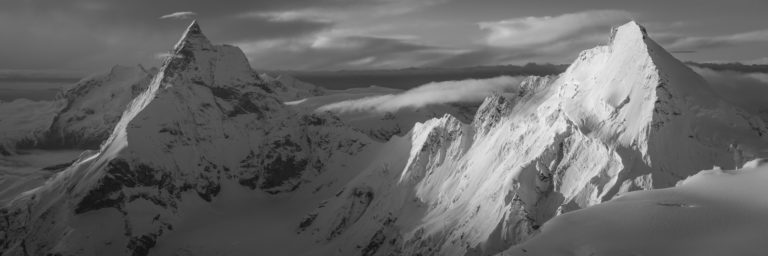 Black and white panorama Matterhorn and Dent d&#039;Hérens