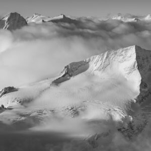 Black and white mountain panorama of Bernese alps in Switzerland