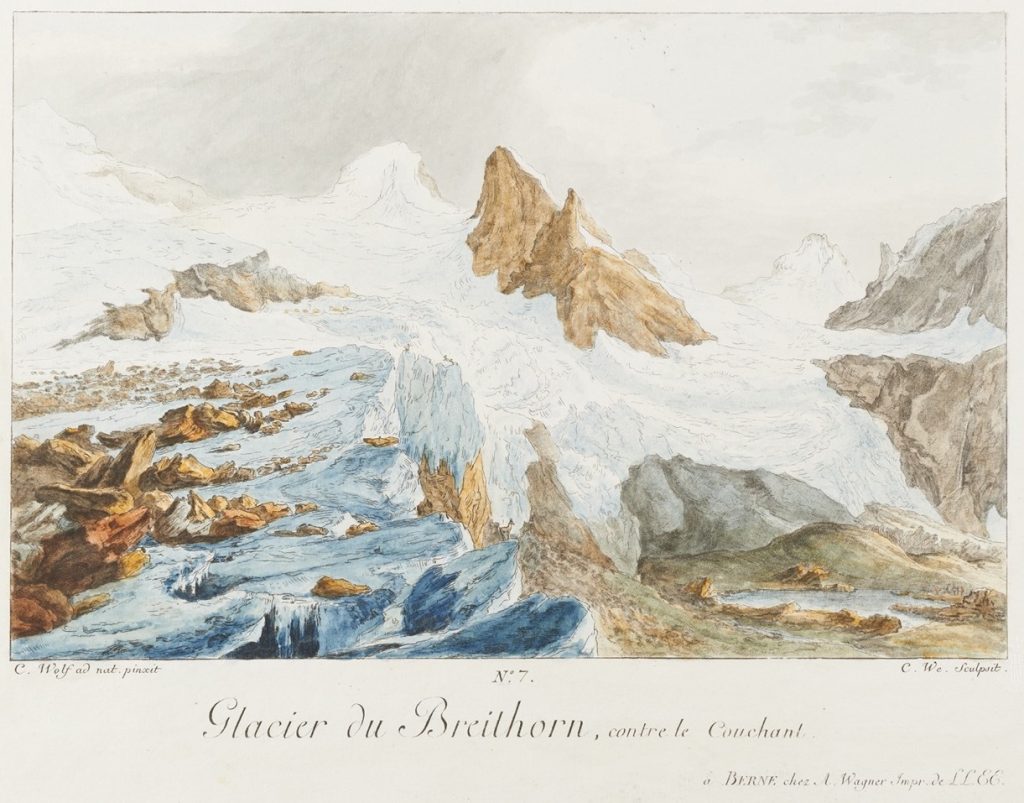 Wyss d’après Caspar Wolf, Glacier du Breithorn contre le couchant, 1777, gravure aquarellée à la main, 7e planche des Vues Remarquables des montagnes de la Suisse. 