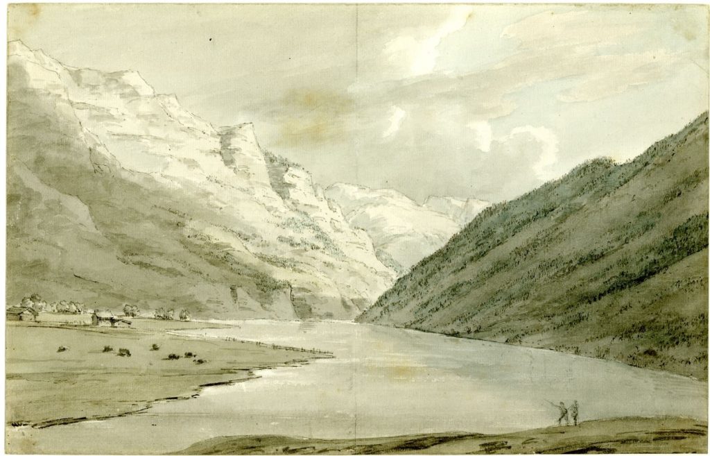 John Robert Cozens, Lac de Klöntal depuis l’Est, 1776, aquarelle et lavis d’encre, 23 x 35,4 cm, Londres, British Museum. 