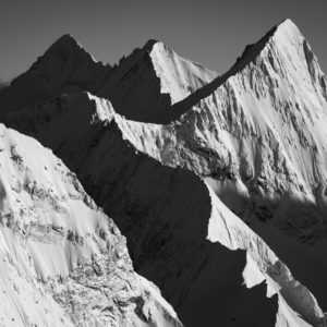 Photo of the Gross Grünhorn and Fiescherhorn. View on the summits of the Gross Grünhorn and Fiescherhorn located in the bernese alps.