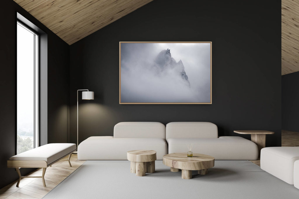 décoration chalet suisse - intérieur chalet suisse - photo montagne grand format - Aiguilles du midi Chamonix en noir et blanc - Mont Blanc - Aiguille de Blaitière