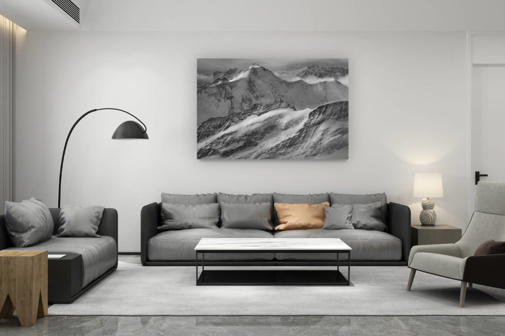 décoration salon contemporain suisse - cadeau amoureux de montagne suisse - Aletschhorn - Image noir et blanc des montagnes suisses dans les Alpes Bernoises