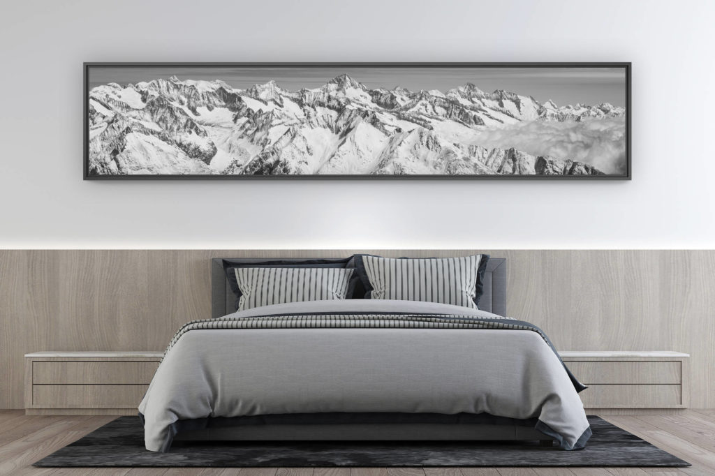 photo de montagne grand format  - décoration intérieur chambre moderne - Alpes Bernoises panorama - Tableau photo noir et blanc de montagne dans la brune et une mer de nuages