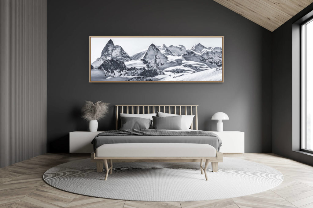 décoration chambre adulte moderne dans petit chalet suisse- photo montagne grand format - Panorama de montagnes enneigées des Alpes valaisannes vue de Cheillon dans le val d'Hérens