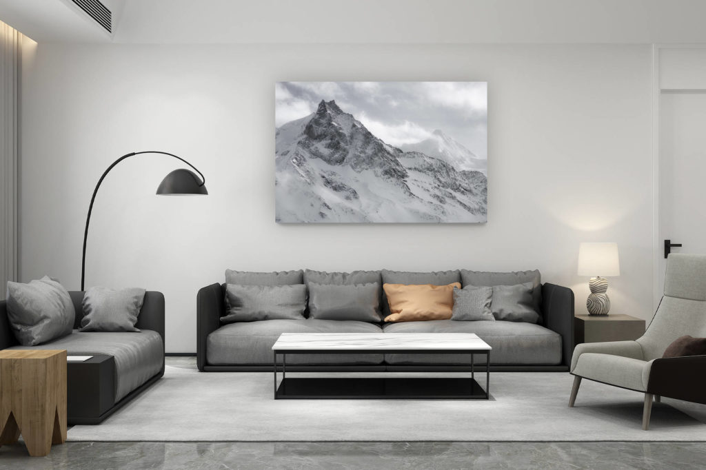 décoration salon contemporain suisse - cadeau amoureux de montagne suisse - Besso - Obergabelhorn - Image de montagne rocheuse de Zermatt en noir et blanc