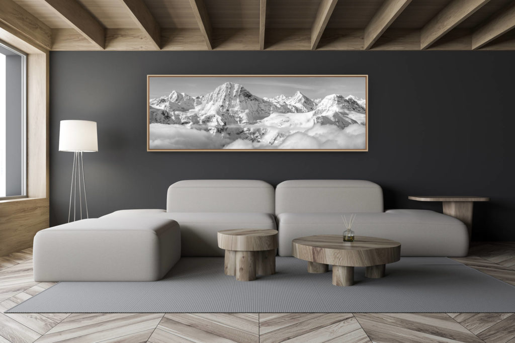 décoration salon chalet moderne - intérieur petit chalet suisse - photo montagne noir et blanc grand format - Panorama montagne Alpes Breithorn - Grindelwald -