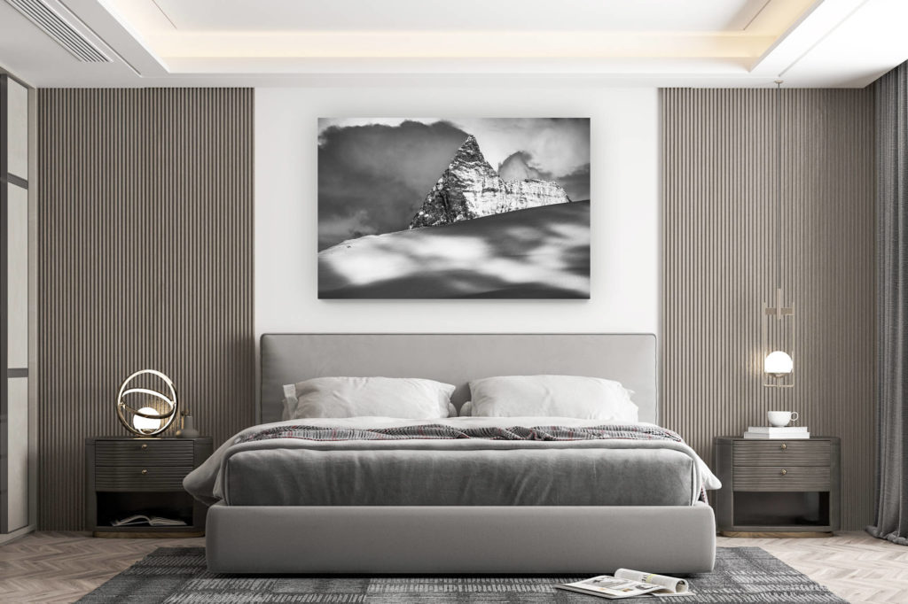 décoration murale chambre design - achat photo de montagne grand format - Mont Cervin - Image noir et blanc du mont cervin Matterhorn dépasse les Glaciers des Alpes Suisses du Valais