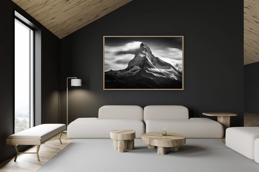 décoration chalet suisse - intérieur chalet suisse - photo montagne grand format - Image noir et blanc du Cervin depuis Sunnega - Image de la plus belle montagne des Alpes Valaisannes de Zermatt -