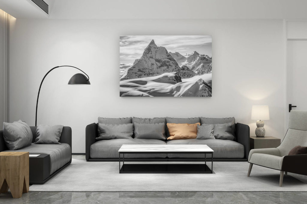 décoration salon contemporain suisse - cadeau amoureux de montagne suisse - Cervin Zermatt - Le MontCervin - Photo noir et blanc d'un paysage de montagne en neige sur un glacier des alpes