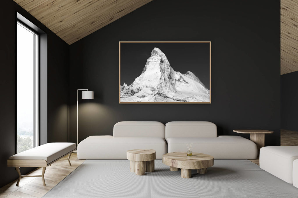 décoration chalet suisse - intérieur chalet suisse - photo montagne grand format - photo cervin noir et blanc - montagne enneigé - paysage de montagne noir et blanc en hiver - photo montagne de zermatt