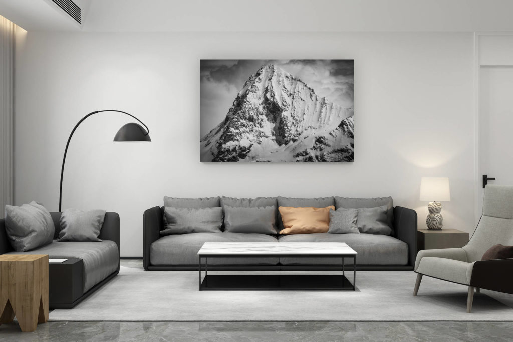 décoration salon contemporain suisse - cadeau amoureux de montagne suisse - Photo mont dent blanche noir et blanc - Vue Val d'Hérens - photo montagnes Alpes