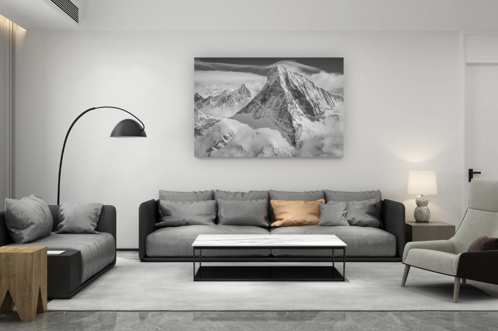 décoration salon contemporain suisse - cadeau amoureux de montagne suisse - Dent Blanche noir et blanc - Image de paysage montagne en noir et blanc - Météo montagne Obergabelhorn