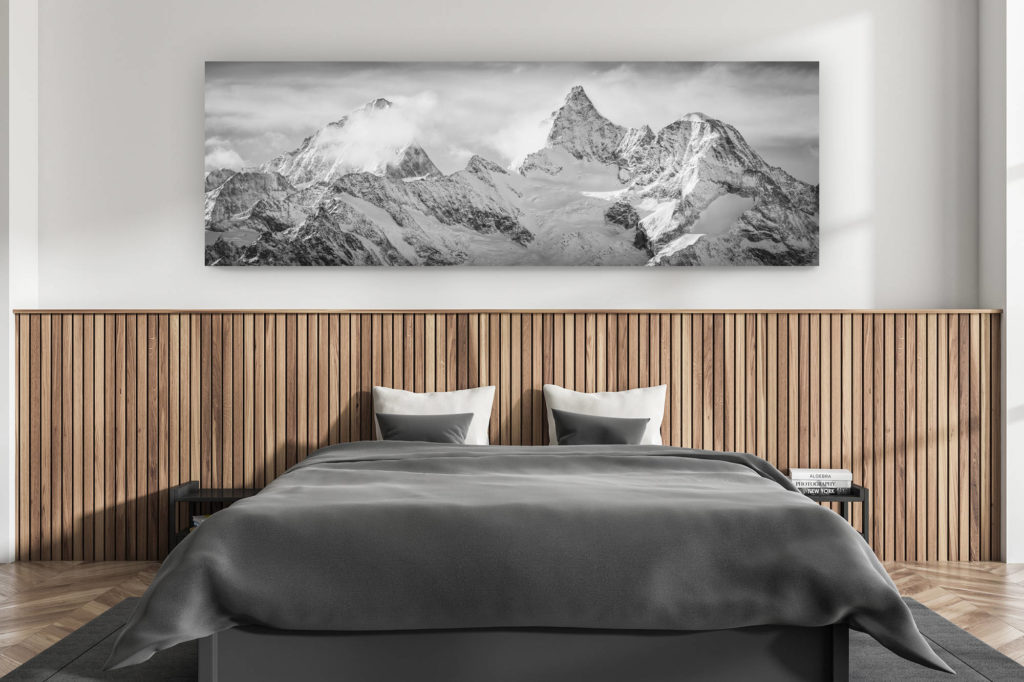 décoration murale chambre adulte moderne - intérieur chalet suisse - photo montagnes grand format alpes suisses - Panorama de montagne noir et blanc des montagnes suisses de Zermatt dans les Alpes Valaisannes