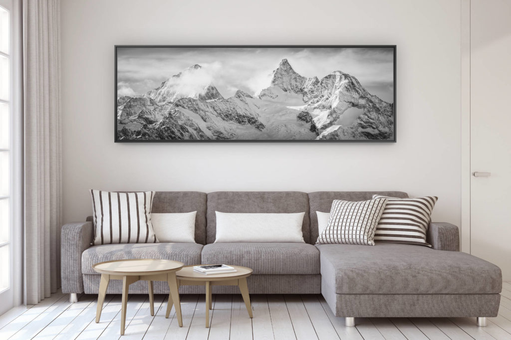 décoration murale design salon moderne - photo montagne grand format - Panorama de montagne noir et blanc des montagnes suisses de Zermatt dans les Alpes Valaisannes