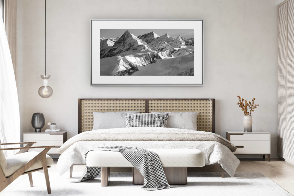 déco chambre chalet suisse rénové - photo panoramique montagne grand format - Photo de neige en montagne noir et blanc - Tirage photo à encadrer en vue panoramique - photo de montagne à vendre - Dent Blanche - Weisshorn - Zinalrothorn - Obergabelhorn