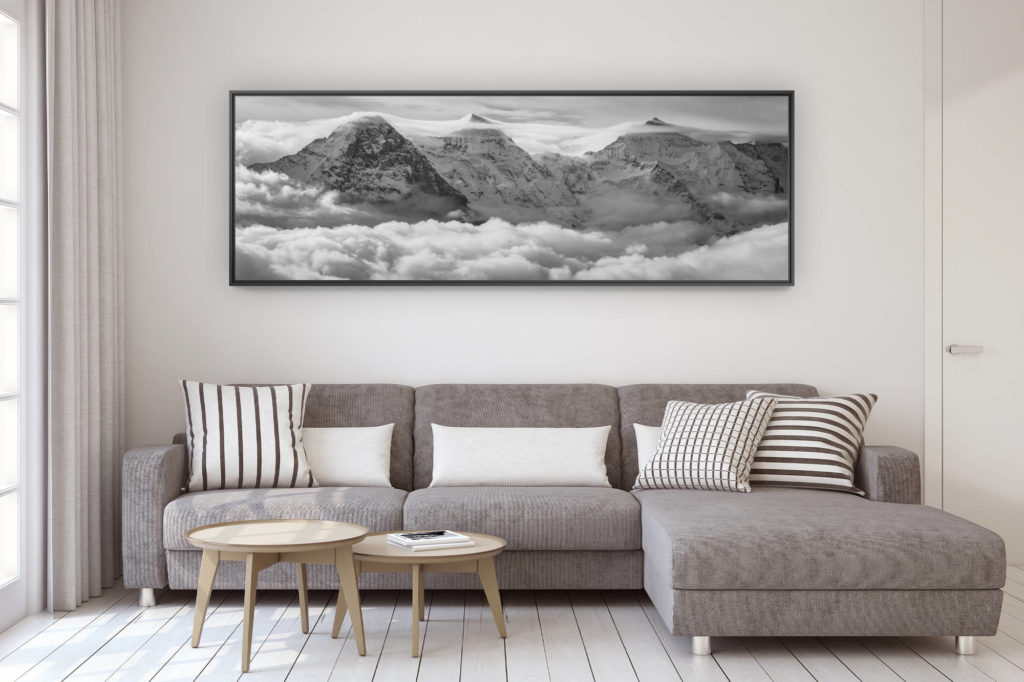 décoration murale design salon moderne - photo montagne grand format - Eiger - Monch - Jungfrau - Mer de nuage sur les Sommets des Alpes et le massif montagneux Bernois en Suisses