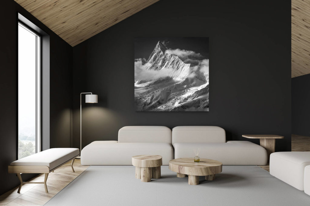 architecte intérieur rénovation chalet suisse - photo montagne grand format - Finsteraarhorn - Image noir et blanc d'un glacier de montagne dans les Alpes Bernoises en Suisse