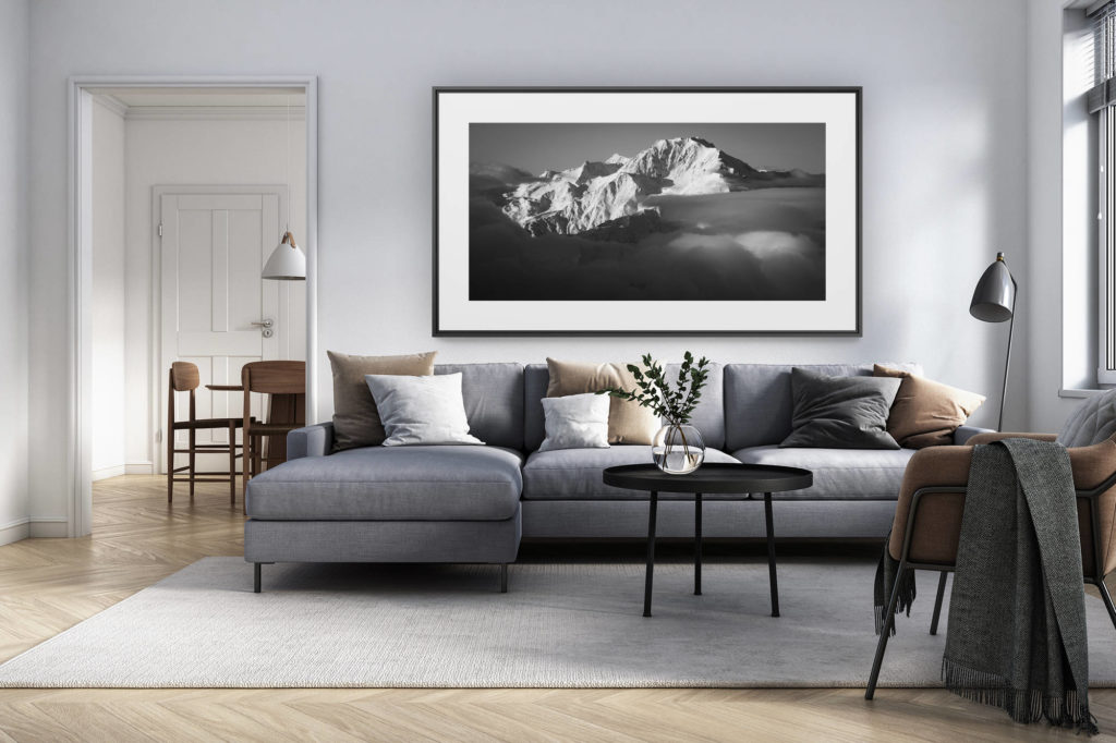 décoration intérieur salon rénové suisse - photo alpes panoramique grand format - Photographie du Fletschhorn - Glaciers suspendus du Fletschorn - Montagne de Saas-Fee noir et blanc - Fletschorn face Est vu depuis la région d'Aletsch