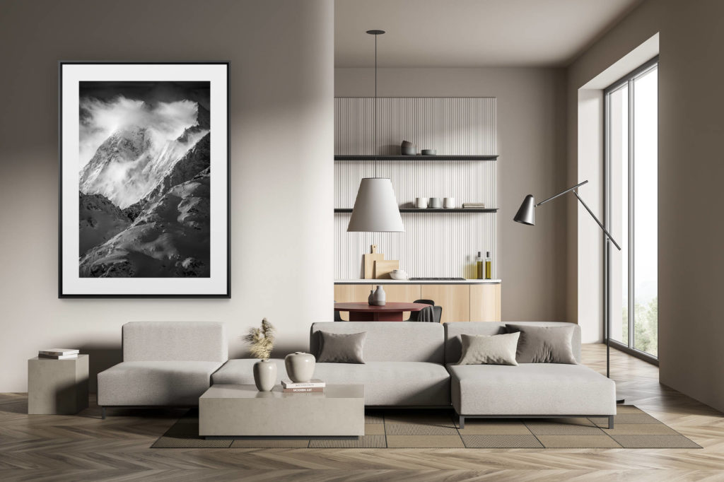 déco tendance salon moderne - photo montagne noir et blanc grand format - Val d'hérens - sommet des alpes suisses - Grande Dent de Veisivi