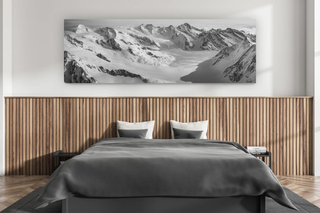 décoration murale chambre adulte moderne - intérieur chalet suisse - photo montagnes grand format alpes suisses - Konkordiaplatz -Vue panoramique de montagne de neige en noir et blanc dans les Alpes Bernoises en Suisse