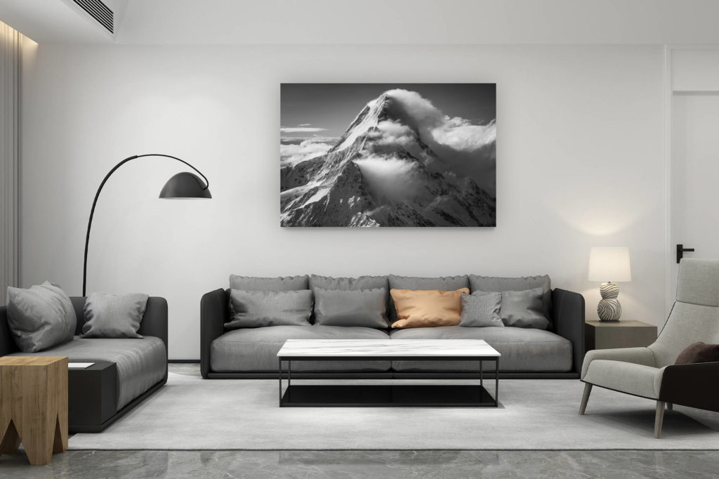 décoration salon contemporain suisse - cadeau amoureux de montagne suisse - Photo de paysage de montagne noir et blanc du Lauteraarhorn et Schreckhorn dans les Alpes du canton de Berne en Suisse