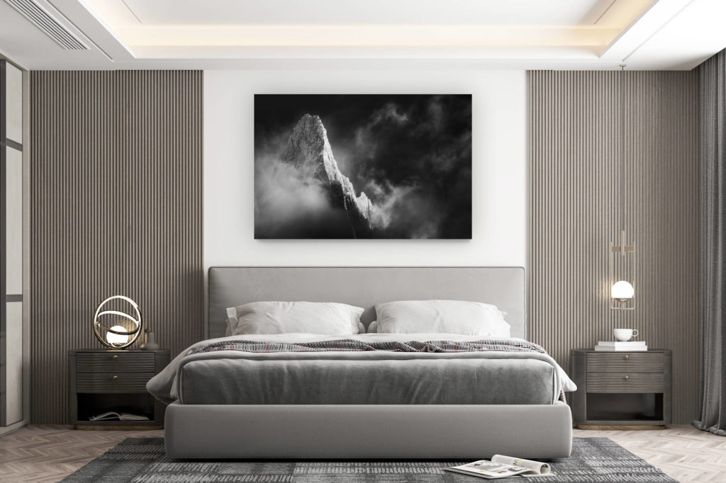 décoration murale chambre design - achat photo de montagne grand format - Mont Blanc Chamonix Photo - Image de neige en montagne - Sommet de montagne noir et blanc dans le brume et une mer de nuage