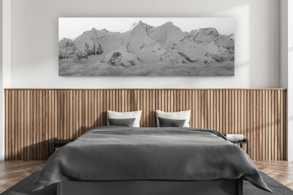 décoration murale chambre adulte moderne - intérieur chalet suisse - photo montagnes grand format alpes suisses - Zermatt Valais - photo de montagne en noir et blanc - Taschhorn - Dom des Mischabels