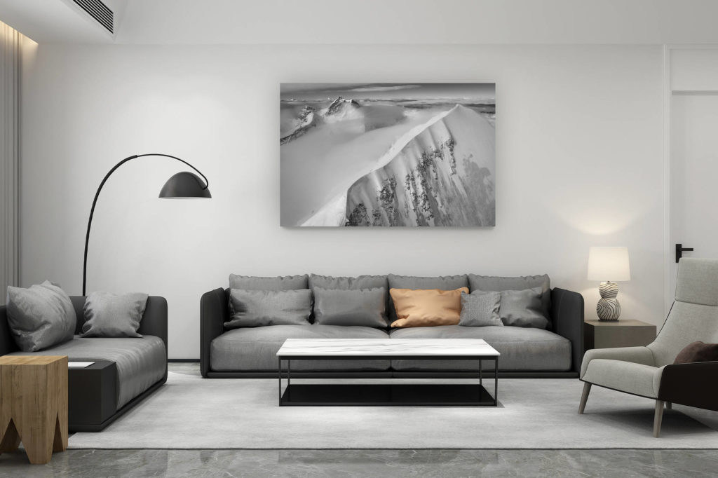 décoration salon contemporain suisse - cadeau amoureux de montagne suisse - Monch Jungfrau - photo noir et blanc du mont blanc et du grand Combin dans les massif montagneux des Alpes Suisses