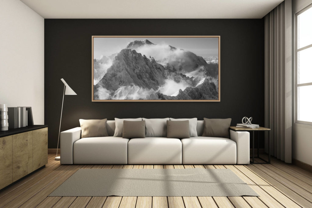 déco salon chalet rénové de montagne - photo montagne grand format -  - photo noir et blanc du mont blanc - Poster panoramique image mont blanc