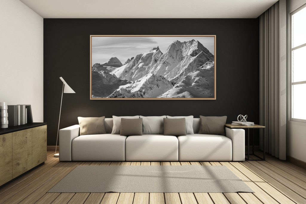 déco salon chalet rénové de montagne - photo montagne grand format -  - Panorama de montagne noir et blanc du val d'Hérens et de Zermatt dans les Alpes du canton du Valais en Suisse