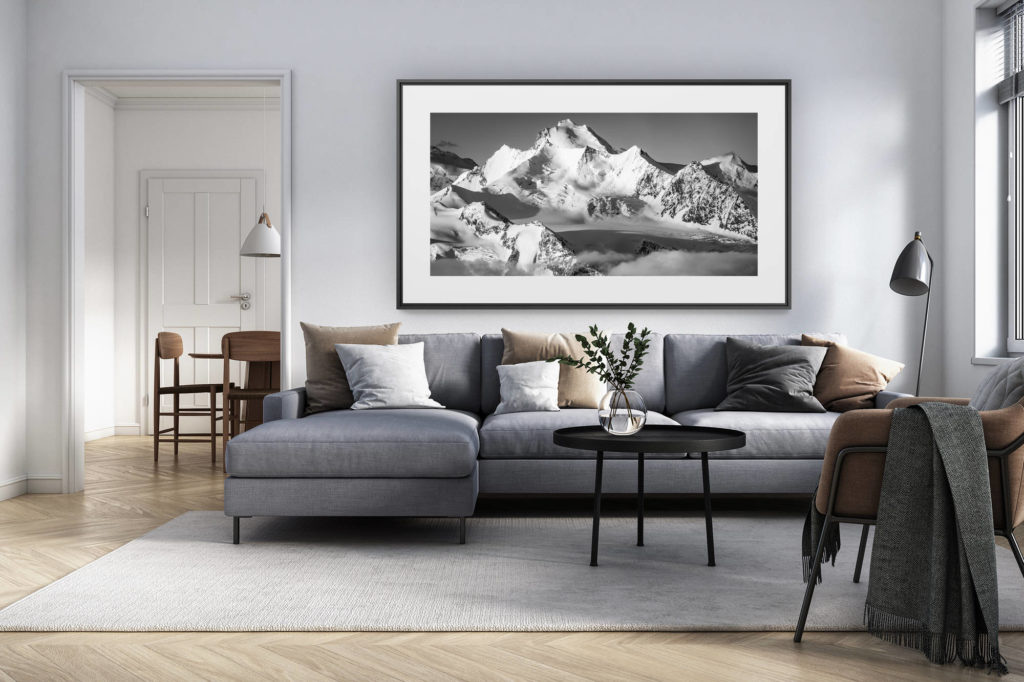 décoration intérieur salon rénové suisse - photo alpes panoramique grand format - traversée nadelgrat - montagnes au dessus de grächen - lever de soleil sur les alpes - montagne avec neige - les plus beaux 4000 des alpes