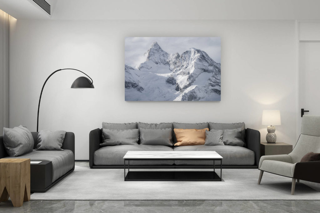 décoration salon contemporain suisse - cadeau amoureux de montagne suisse - Obergabelhorn - Photo Zermatt - Image de montagne sous la neige en Hiver