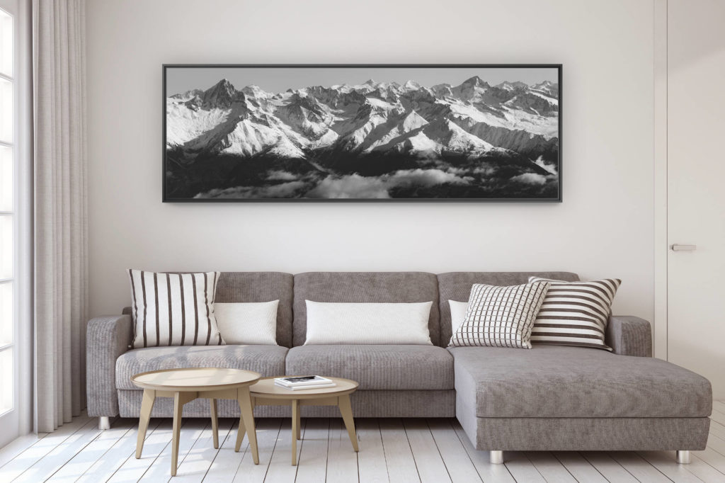 décoration murale design salon moderne - photo montagne grand format - Panorama montagne - vue panoramique noir et blanc des Alpes Suisses Bernoises en Engadine proche de Zermatt