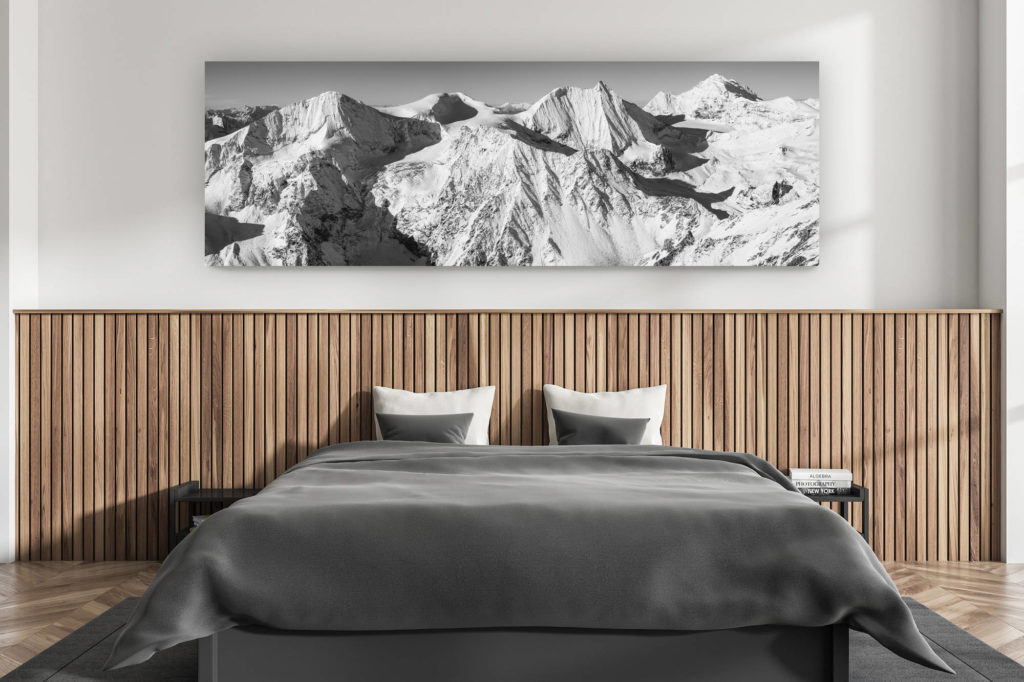 décoration murale chambre adulte moderne - intérieur chalet suisse - photo montagnes grand format alpes suisses - Arolla - Panorama montagne suisse en noir et blanc - encadrement photo