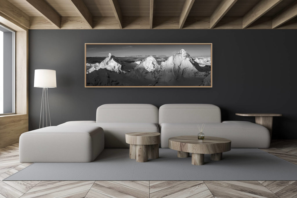 décoration salon chalet moderne - intérieur petit chalet suisse - photo montagne noir et blanc grand format - lever soleil sur montagne suisse - photo panoramique sur les alpes - montagne avec neige - couronne impériale de zinal