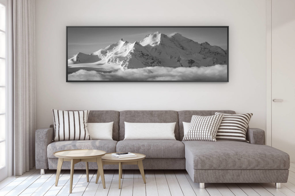 décoration murale design salon moderne - photo montagne grand format - Paysage panorama Mischabels noir et blanc - image de montagne panoramique Saas Fee