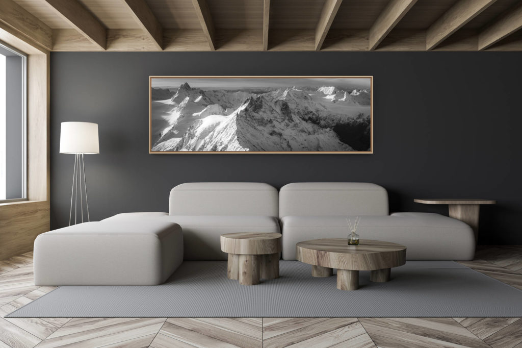 décoration salon chalet moderne - intérieur petit chalet suisse - photo montagne noir et blanc grand format - photo panoramique montagne suisses - photo montagnes val d'hérens - photo valais