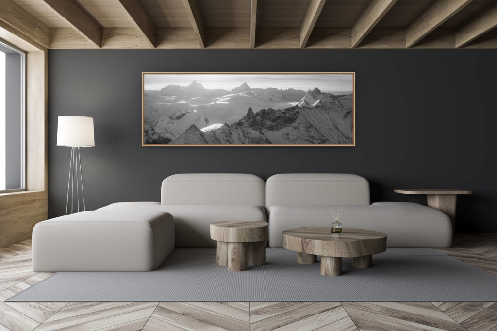 décoration salon chalet moderne - intérieur petit chalet suisse - photo montagne noir et blanc grand format - Photo panorama à encadrer des montagnes du Val d'hérens dans les Alpes Suisses - l'Aiguille de la Tsa, les Bouquetins, les glaciers du val d'Hérens