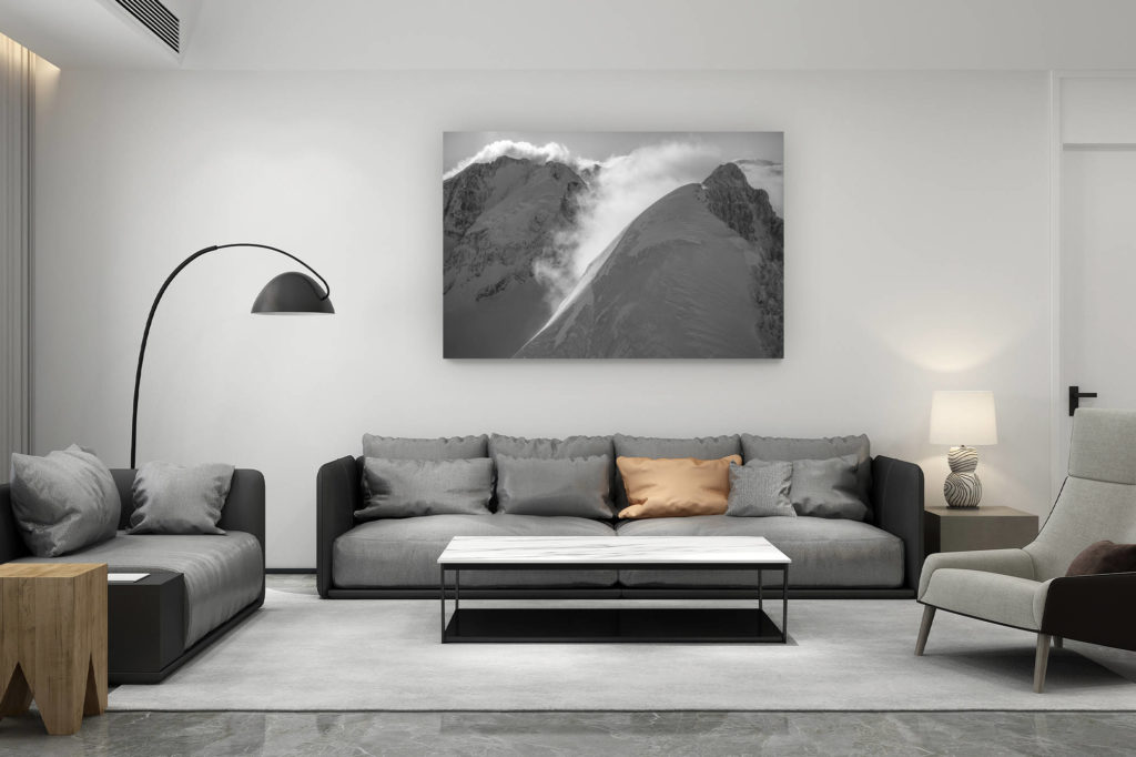 décoration salon contemporain suisse - cadeau amoureux de montagne suisse - Photo noir et blanc Vallée de l'engadine - Piz Roseg et Piz Bernina vue aérienne hélicoptère