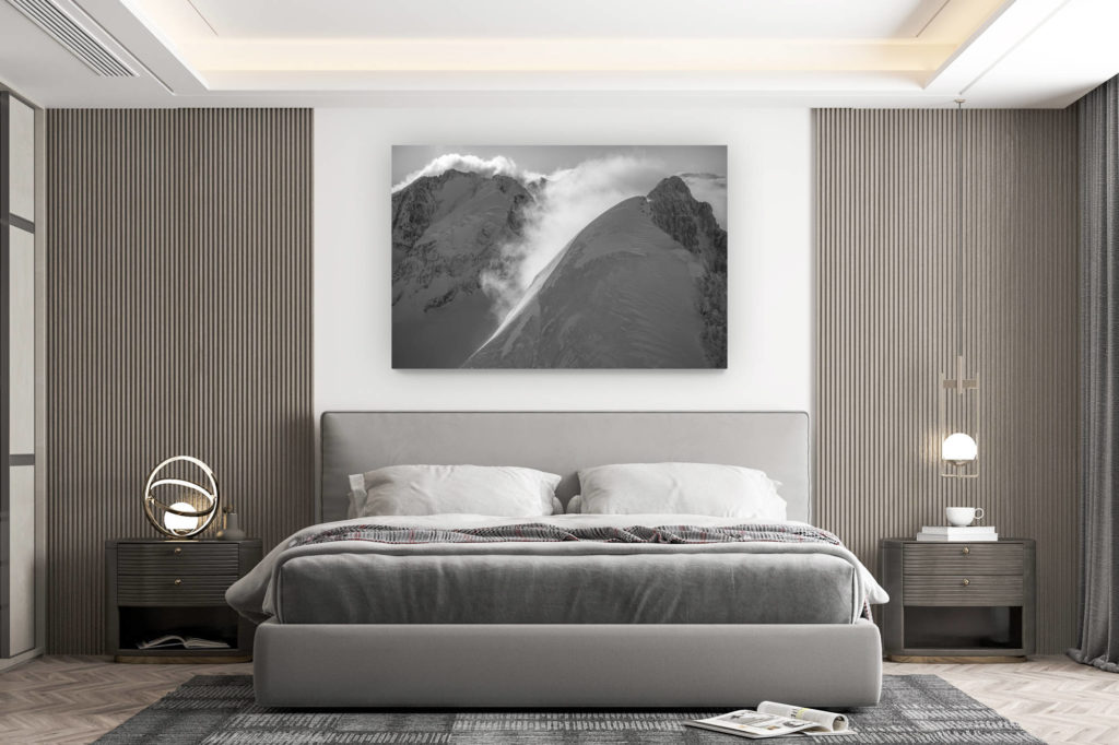 décoration murale chambre design - achat photo de montagne grand format - Photo noir et blanc Vallée de l'engadine - Piz Roseg et Piz Bernina vue aérienne hélicoptère