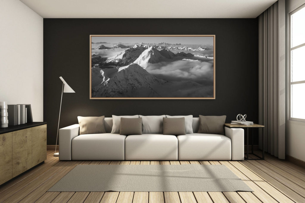 déco salon chalet rénové de montagne - photo montagne grand format -  - Photo panoramique des préalpes enneigées - Panorama des préalpes avec les sommets Hochmatt, Dent de Brenleire, Tour d'Ai, Pointe Percée, Mont de Grange, Cornettes de Bise, Dent d'Oche, Dent de Lys