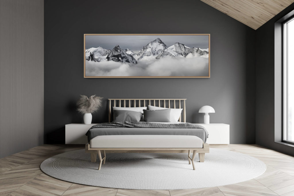 décoration chambre adulte moderne dans petit chalet suisse- photo montagne grand format -