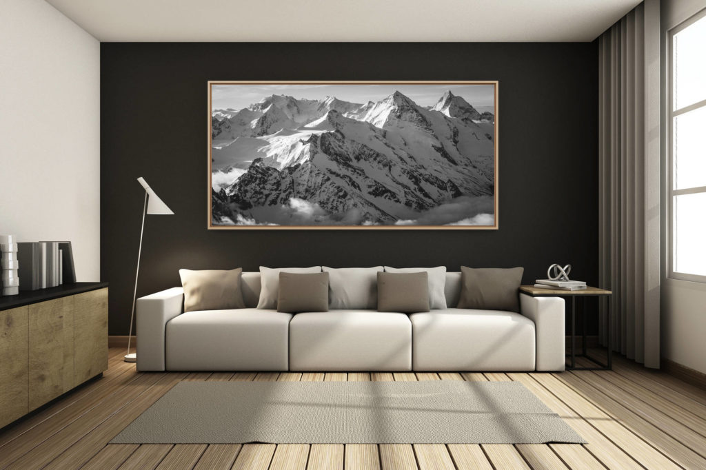 déco salon chalet rénové de montagne - photo montagne grand format -  - Photo noir et blanc des sommets des hautes montagne du Val d'Hérens - Val d'anniviers - Zermatt dans Alpes Suisses