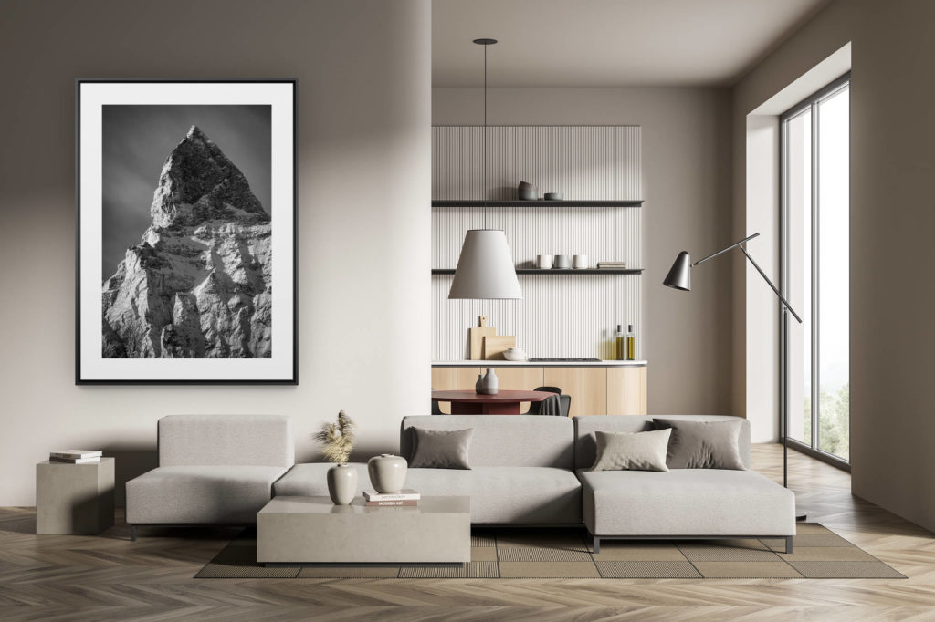 déco tendance salon moderne - photo montagne noir et blanc grand format - Sommet du Matterhorn - Photo de lumière montagne suisse en hiver en noir et blanc