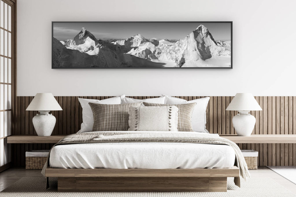 décoration chambre adulte moderne - photo de montagne grand format - Val d'Anniviers Suisse - photo panoramique montagne noir et blanc