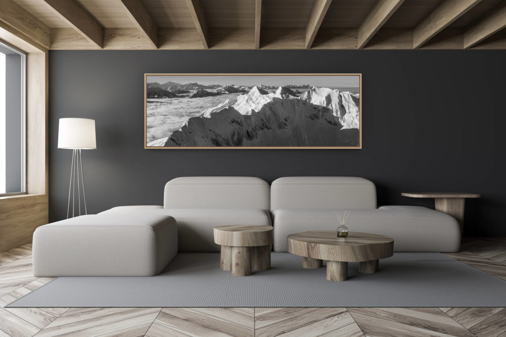 décoration salon chalet moderne - intérieur petit chalet suisse - photo montagne noir et blanc grand format - Pananorama du Vanil Noir- photo panoramique du Vanil Noir, des Dents du Midi et du Mont Blanc