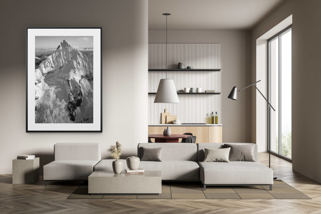 déco tendance salon moderne - photo montagne noir et blanc grand format - Les alpes valaisannes et le Weisshorn - massif des alpes suisses en noir et blanc